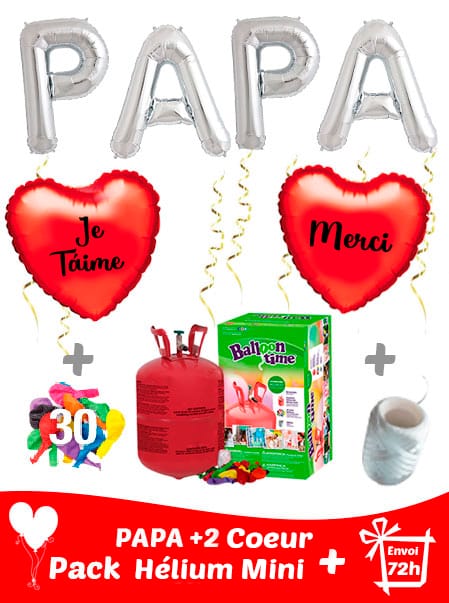 Ballons Latex Fêtes des Pères 4 Lettre 46 cm PAPA + 2 Mylar Coeur 42 cm Personnalise + Hélium Mini